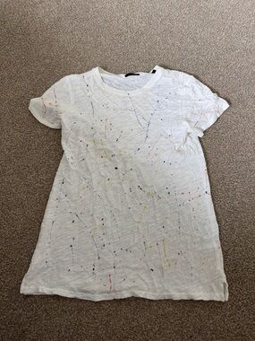 White Short-Sleeve Tee with Multicolor Paint Splatter